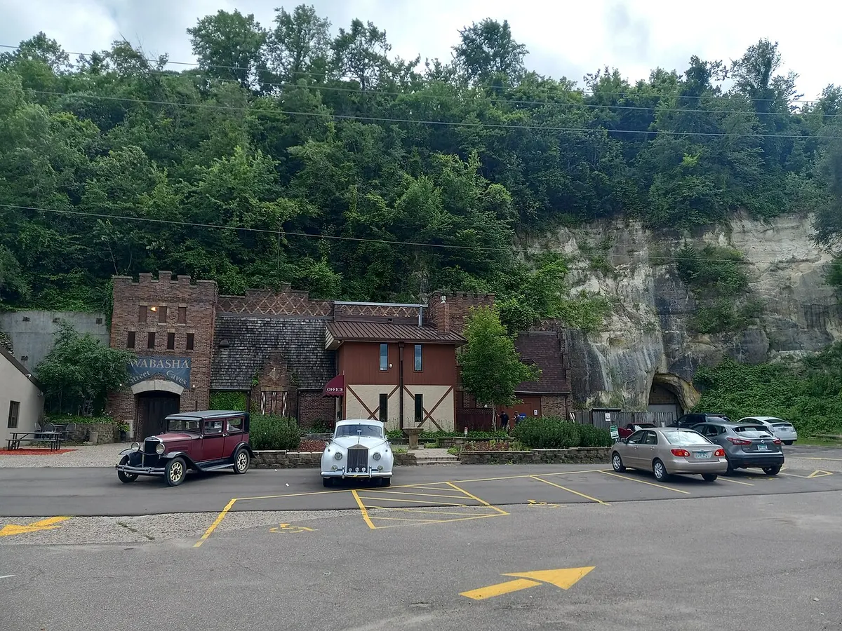 The castle-like entrance to the Wabasha Street Caves set into the sandstone bluff in St. Paul