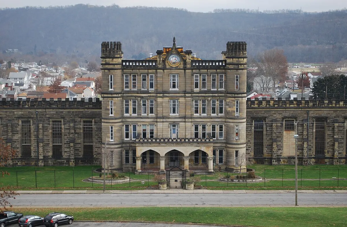 The castellated Gothic sandstone front of the West Virginia Penitentiary in Moundsville