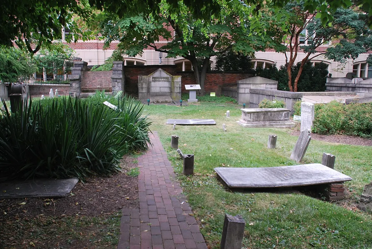 Graves and tombs in the Westminster Burying Ground in Baltimore, with Westminster Hall behind