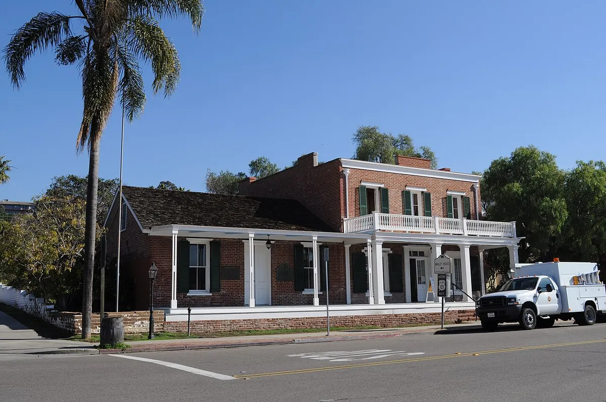 The two-storey red-brick Greek Revival Whaley House in Old Town San Diego