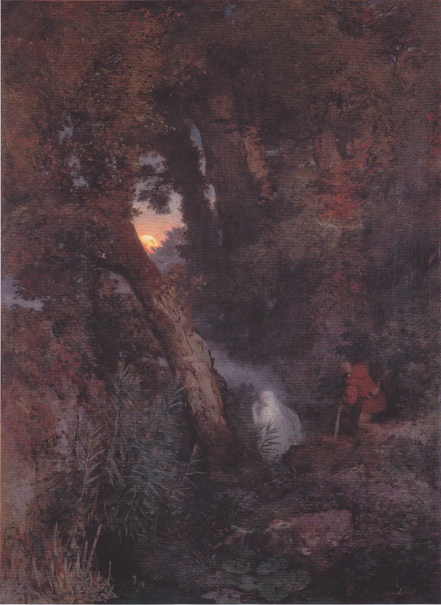 Arnold Böcklin’s painting Das Irrlicht: a pale glowing figure in a dark, overgrown wood draws a startled traveller in a red coat off the path, with a low orange moon between the trees