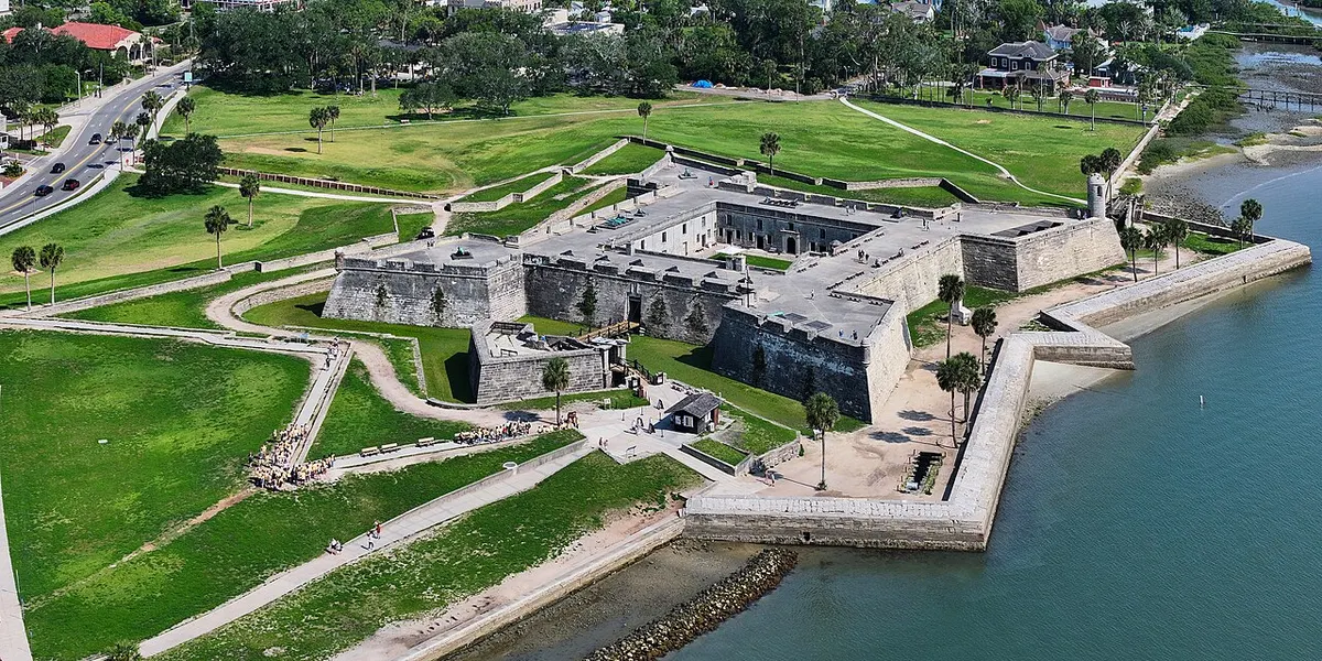 Aerial view of the star-shaped stone Castillo de San Marcos beside Matanzas Bay in St. Augustine, Florida