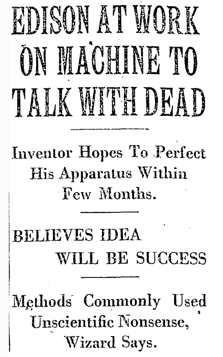 Newspaper headline from The Baltimore Sun in 1920 about Thomas Edison working on a machine to talk with the dead
